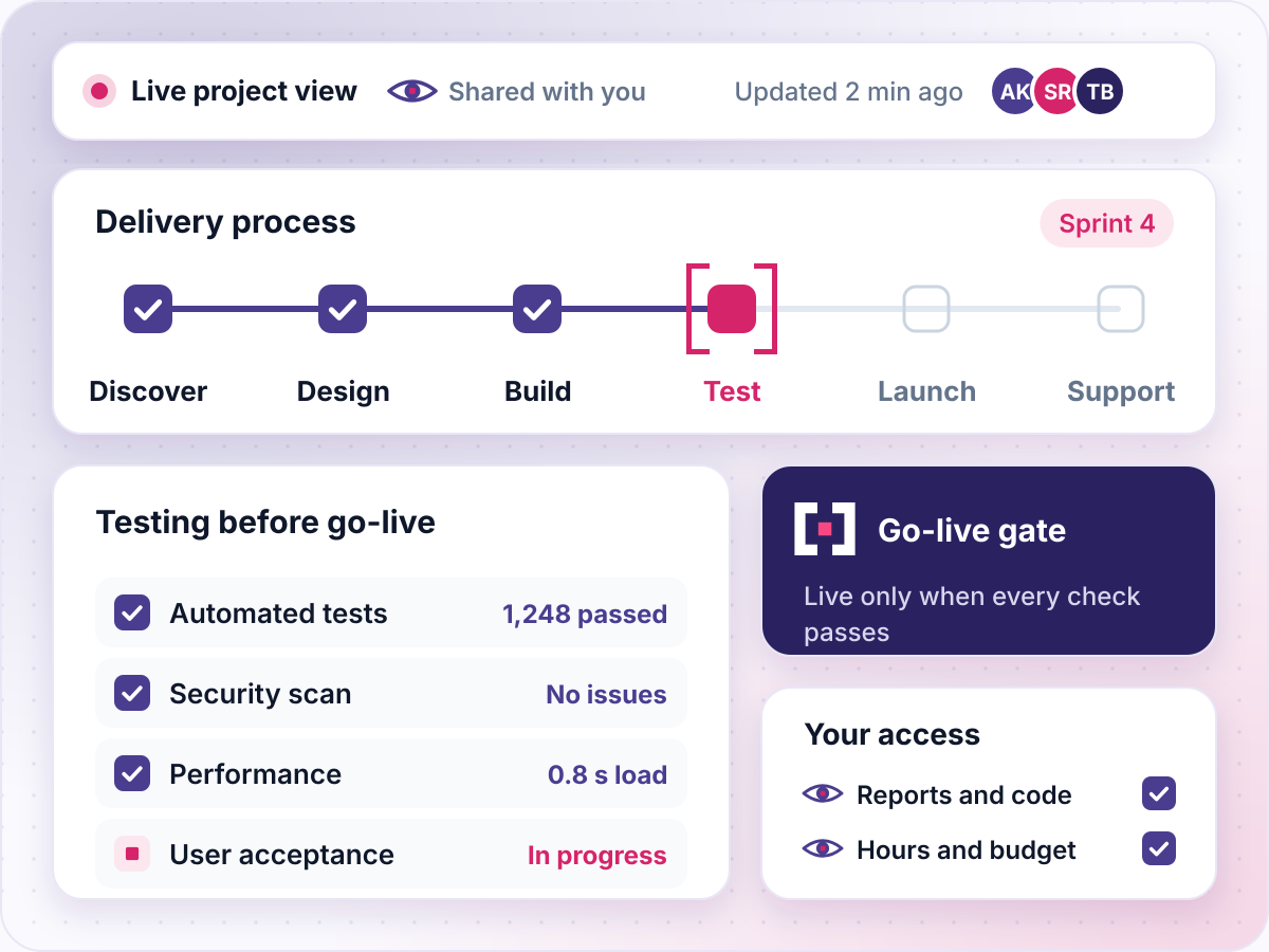 Live project view shared with your team: delivery stages, test results and go-live gate