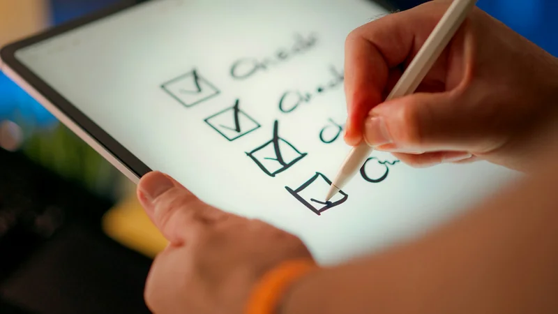 A hand ticking items on a digital checklist on a tablet with a stylus, for a review and approval workflow.