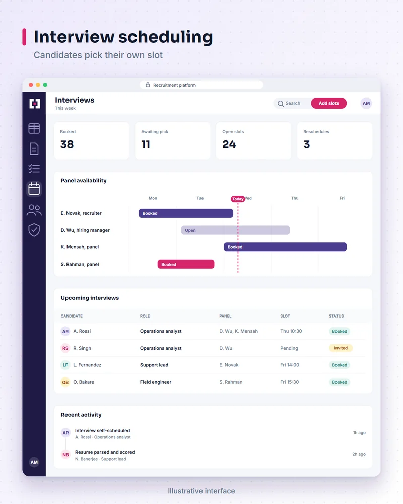 Illustrative recruitment platform screen: interview scheduling. Candidates pick their own slot.
