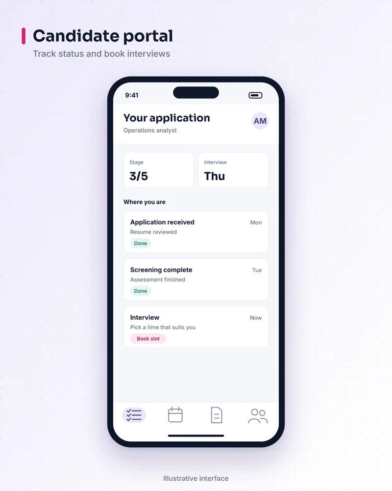 Illustrative recruitment platform screen: candidate portal. Track status and book interviews.