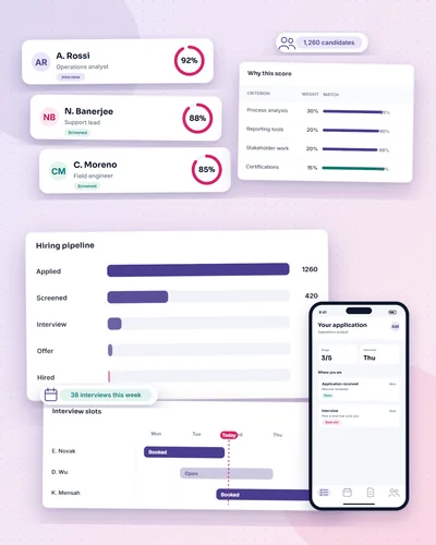 Illustrative recruitment platform dashboard in a browser window with a mobile screen overlapping.