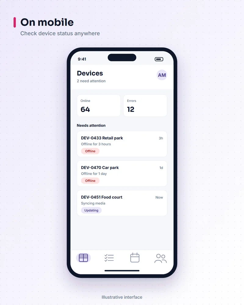 Illustrative ad delivery platform screen: on mobile. Check device status anywhere.