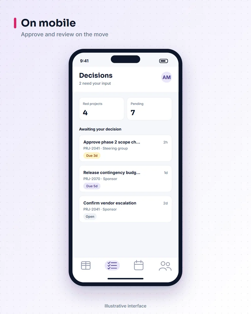 Illustrative governance platform screen: on mobile. Approve and review on the move.