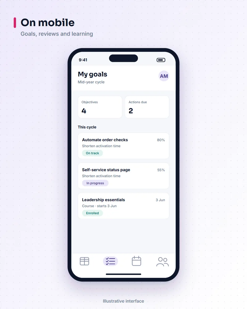 Illustrative talent suite screen: on mobile. Goals, reviews and learning.